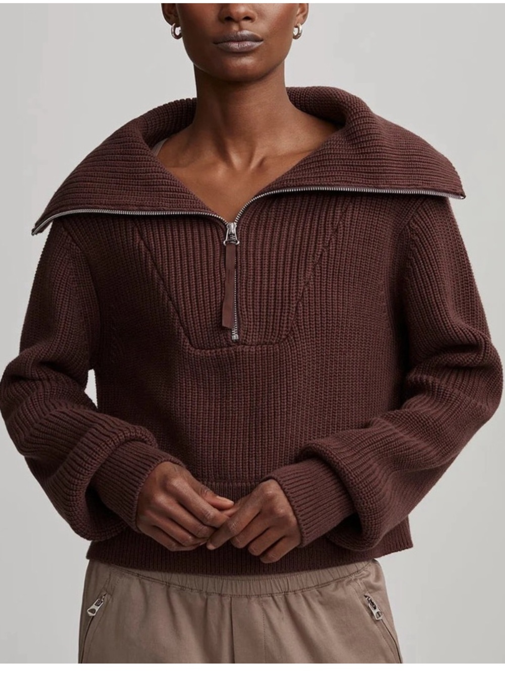 Varley Mentone Brown Half-Zip Cropped Knit Sweater, Size XS
